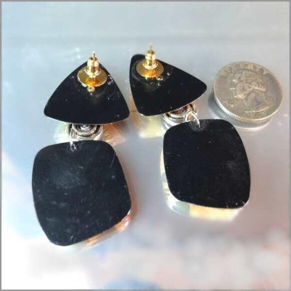 1980s Gold Modern Mosaic Dangle Vintage Pierced Earrings - Picture 5 of 5